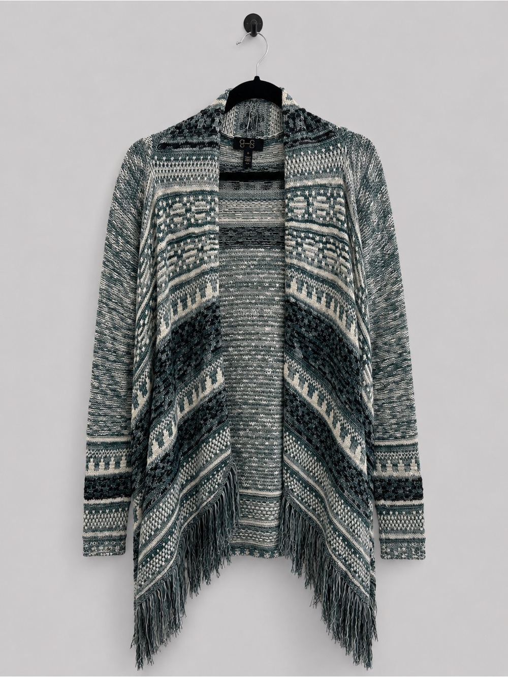 Jessica Simpson Teal and Gray Open-Front Fringe Cardigan